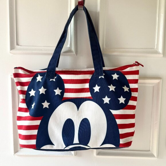 Disney Mickey Mouse Red White Blue Stars Stripes Tote Bag Patriotic Canvas Zip - Picture 3 of 12